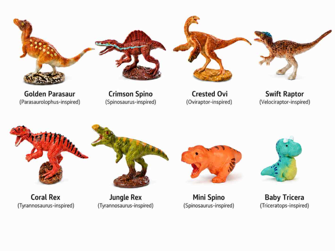 Mini dinosaur terrarium figurines showing all available designs with their names