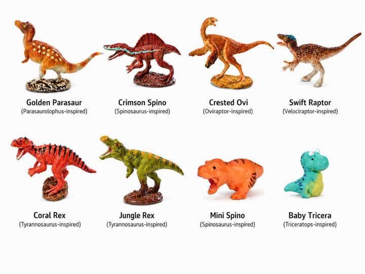 Mini dinosaur terrarium figurines showing all available designs with their names
