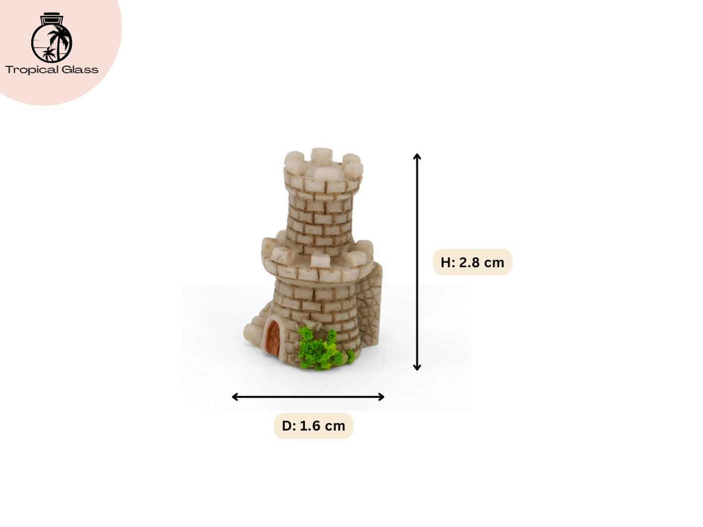 Mini mossy fairy castle figurine showing dimensions for terrariums and miniature displays