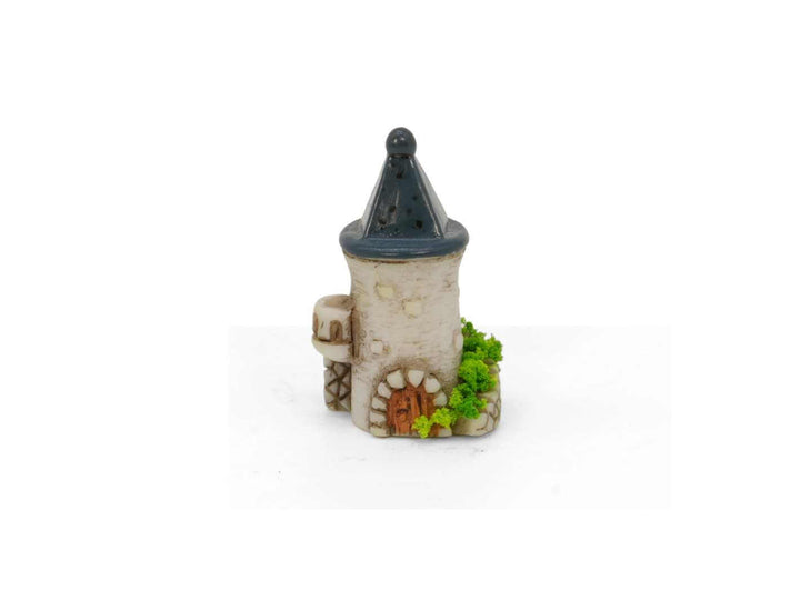 Mini fairy castle tower figurine for terrariums and fairy gardens on a white background