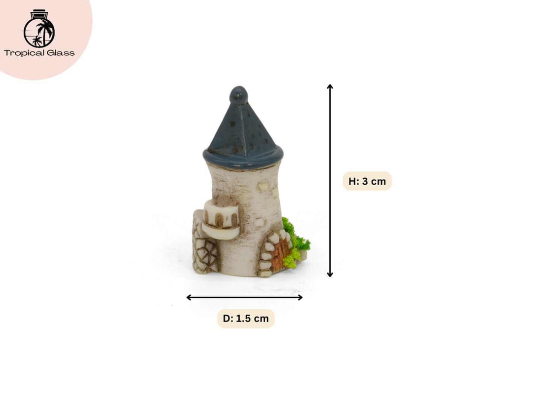 Mini fairy castle tower figurine showing dimensions for terrariums and miniature displays