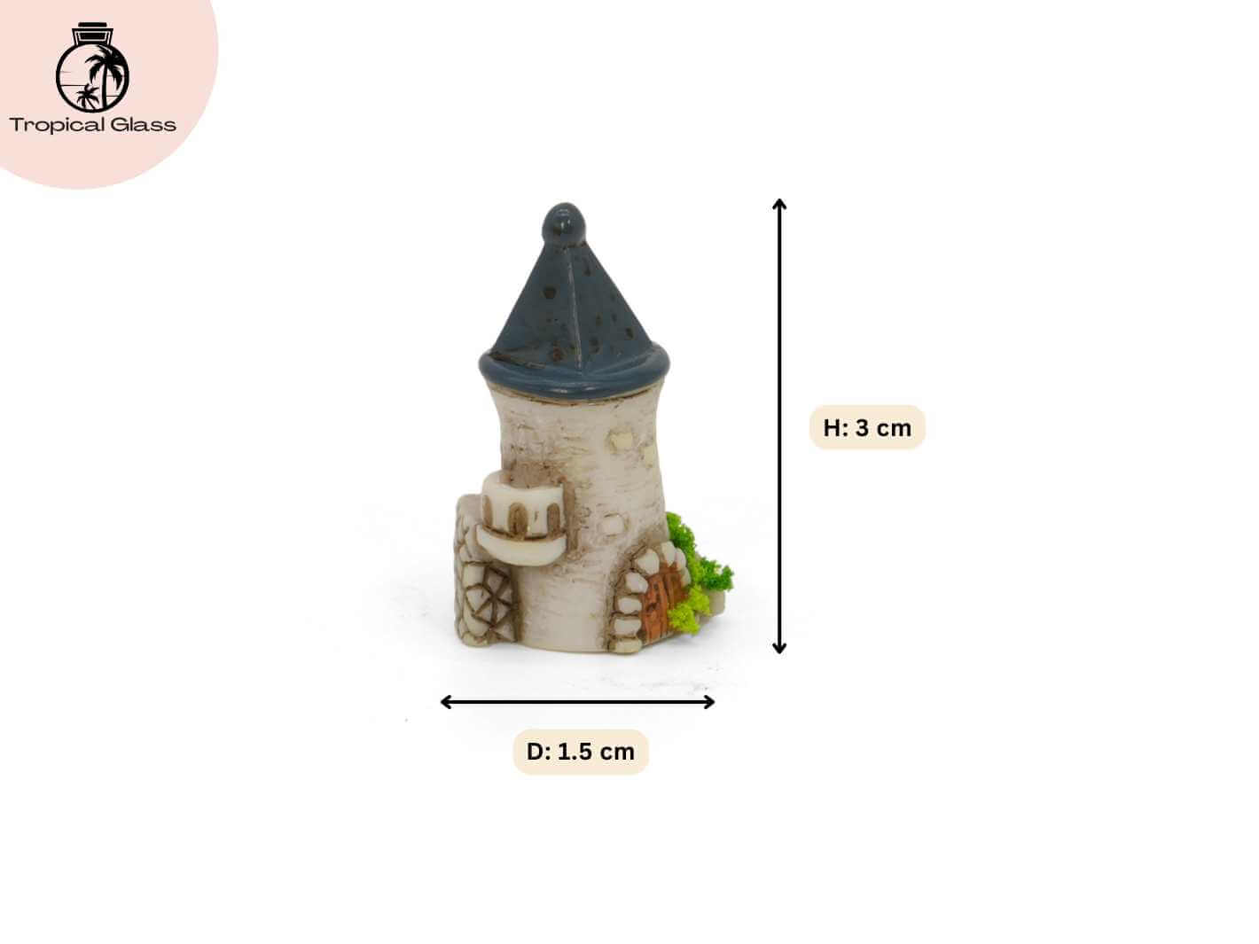 Mini fairy castle tower figurine showing dimensions for terrariums and miniature displays