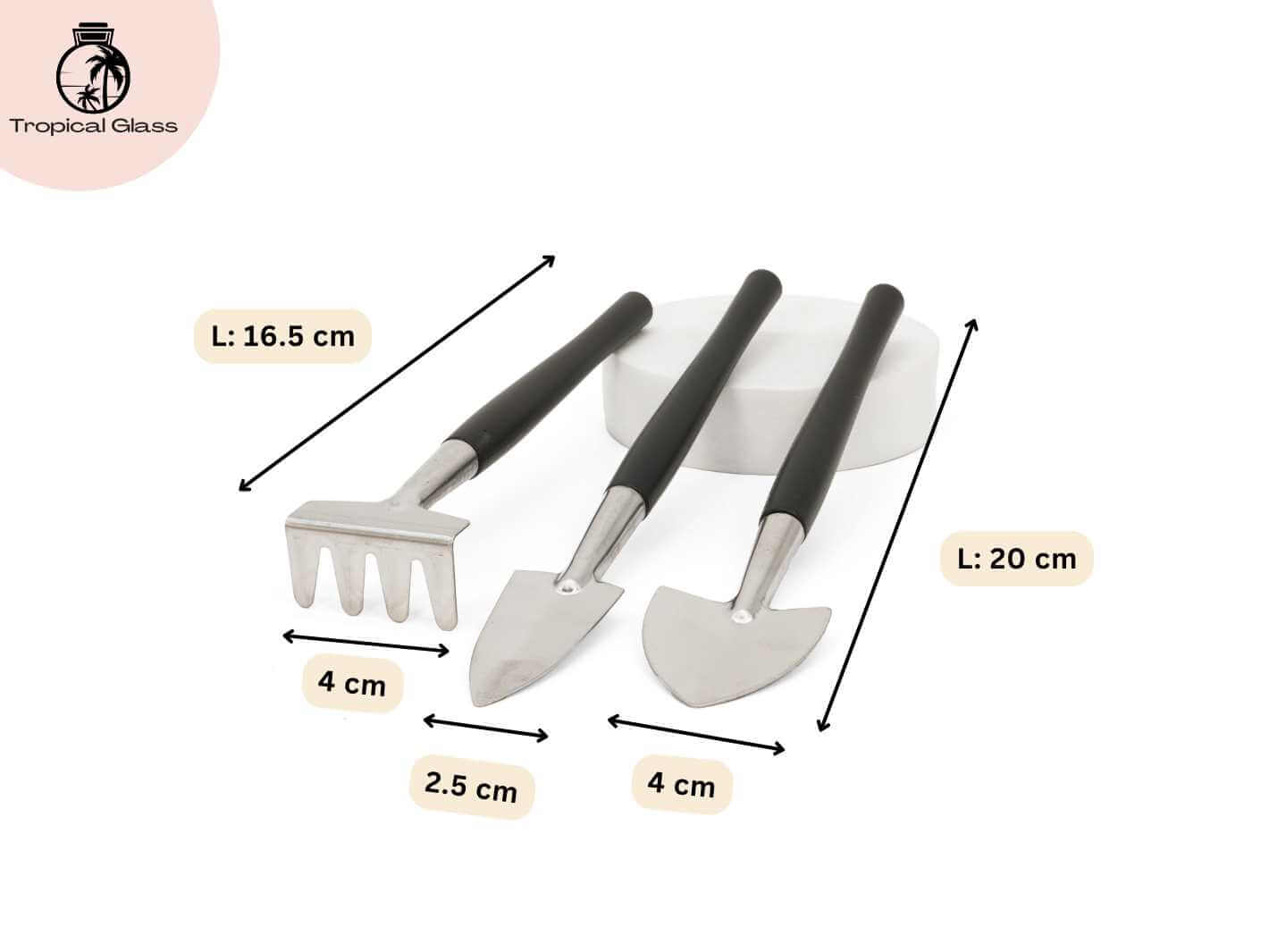 Mini garden tool set size details showing shovel spade and rake dimensions for terrarium and plant care use