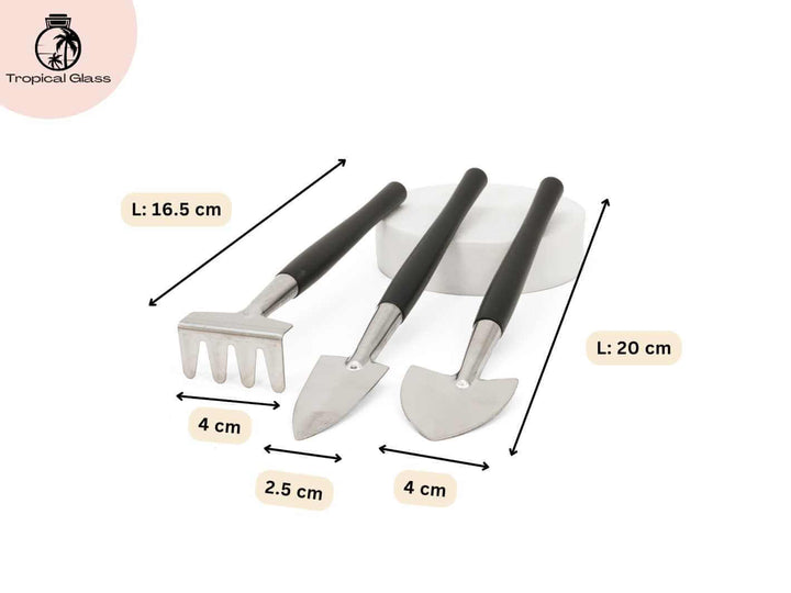 Mini garden tool set size details showing shovel spade and rake dimensions for terrarium and plant care use