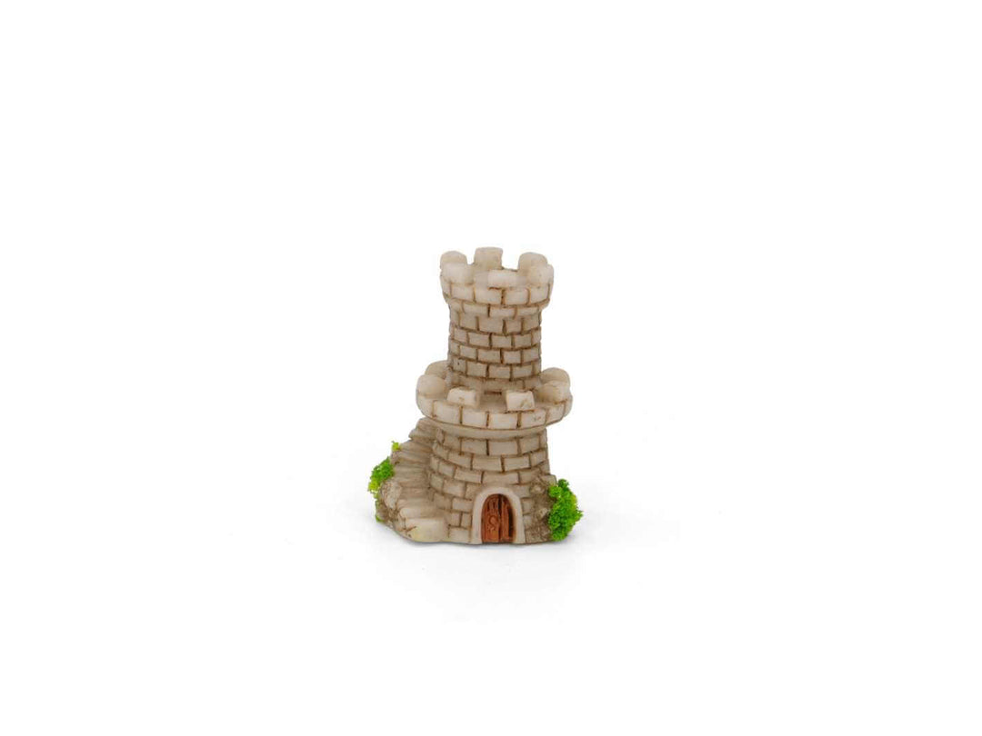 Mini mossy fairy castle figurine for terrariums and fairy gardens on a white background