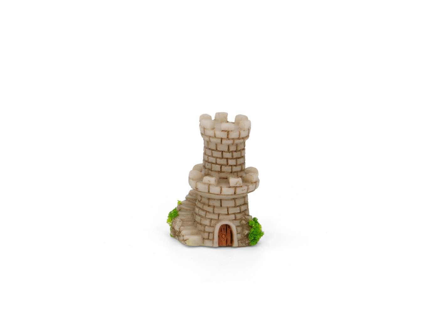 Mini mossy fairy castle figurine for terrariums and fairy gardens on a white background