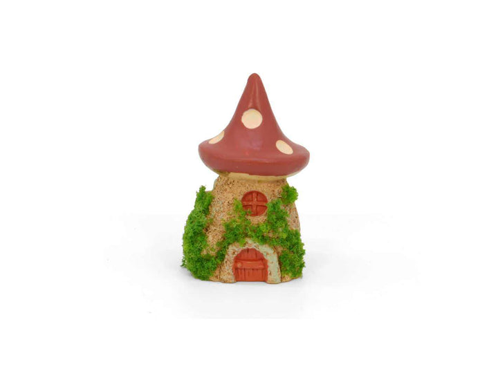 Mini mossy mushroom house figurine for fairy gardens and terrariums on a white background