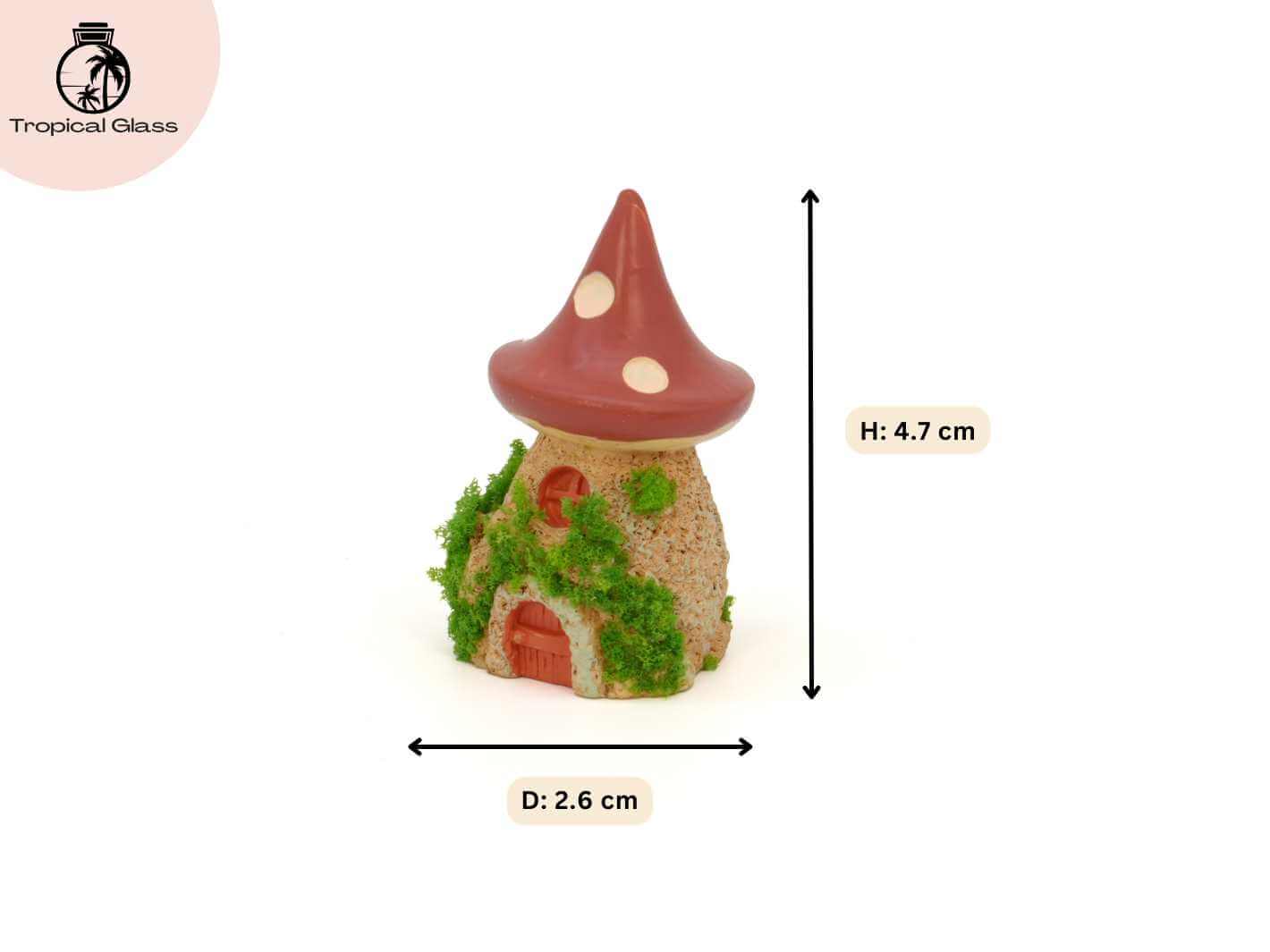 Mini mossy mushroom house figurine showing dimensions for terrariums and miniature displays