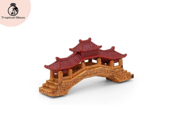 Angled view of mini pagoda bridge ornament for terrarium and model scenery