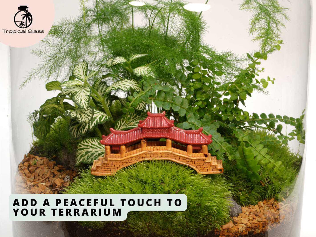 Mini pagoda bridge ornament inside a closed terrarium environment