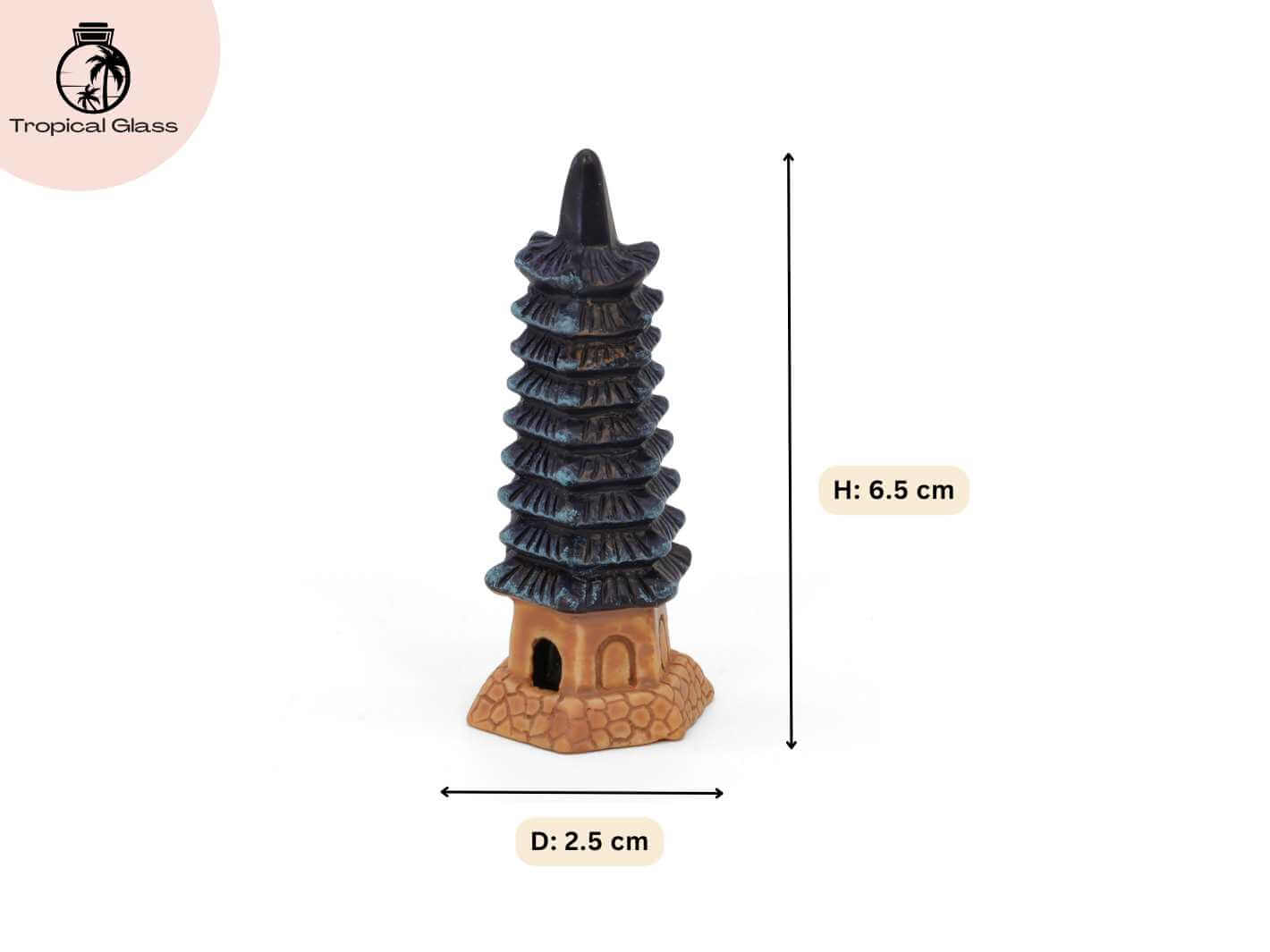 Mini pagoda tower ornament with size dimensions, small decorative piece for terrariums