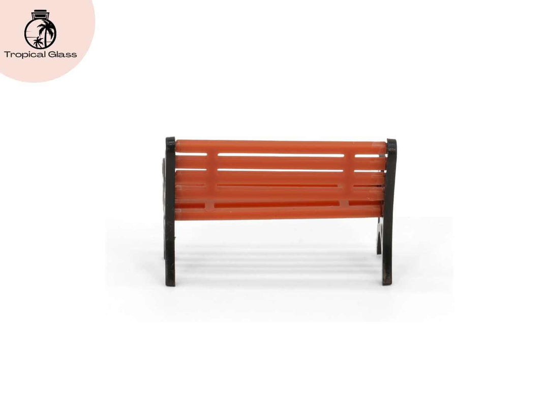 Back view of mini park bench ornament, small decorative bench for terrarium accessories and diorama setups