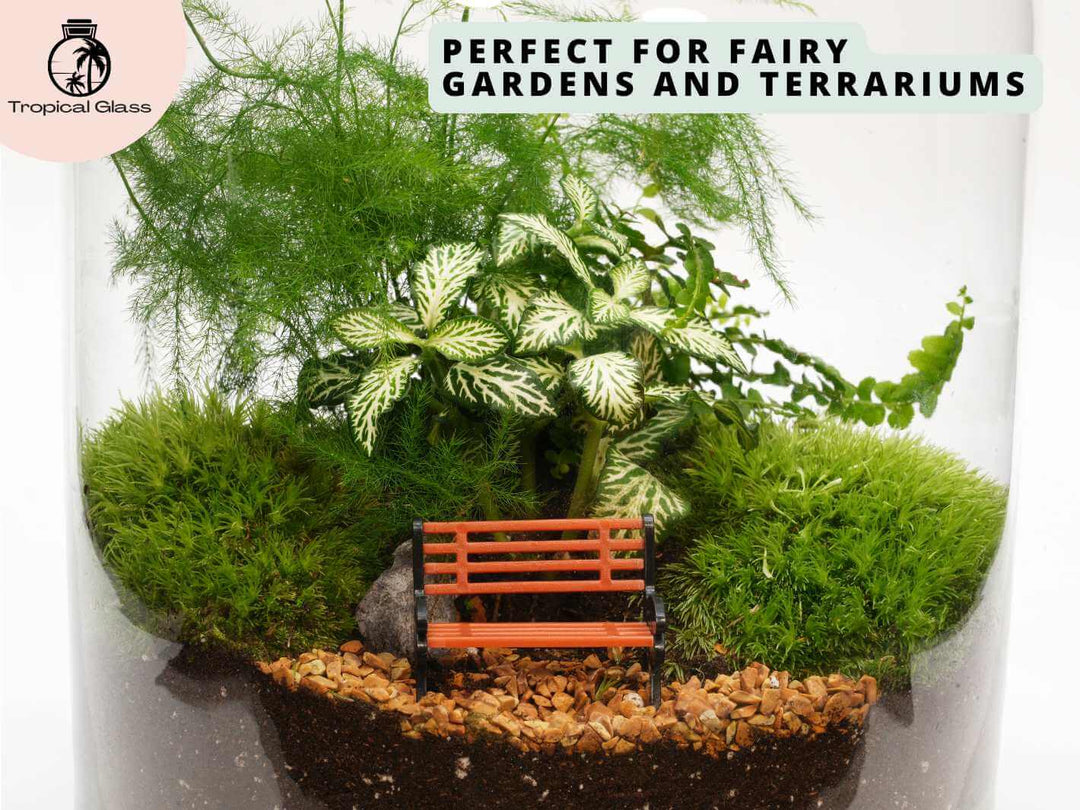 Mini park bench ornament inside closed terrarium, miniature bench decoration for moss terrarium and indoor plants