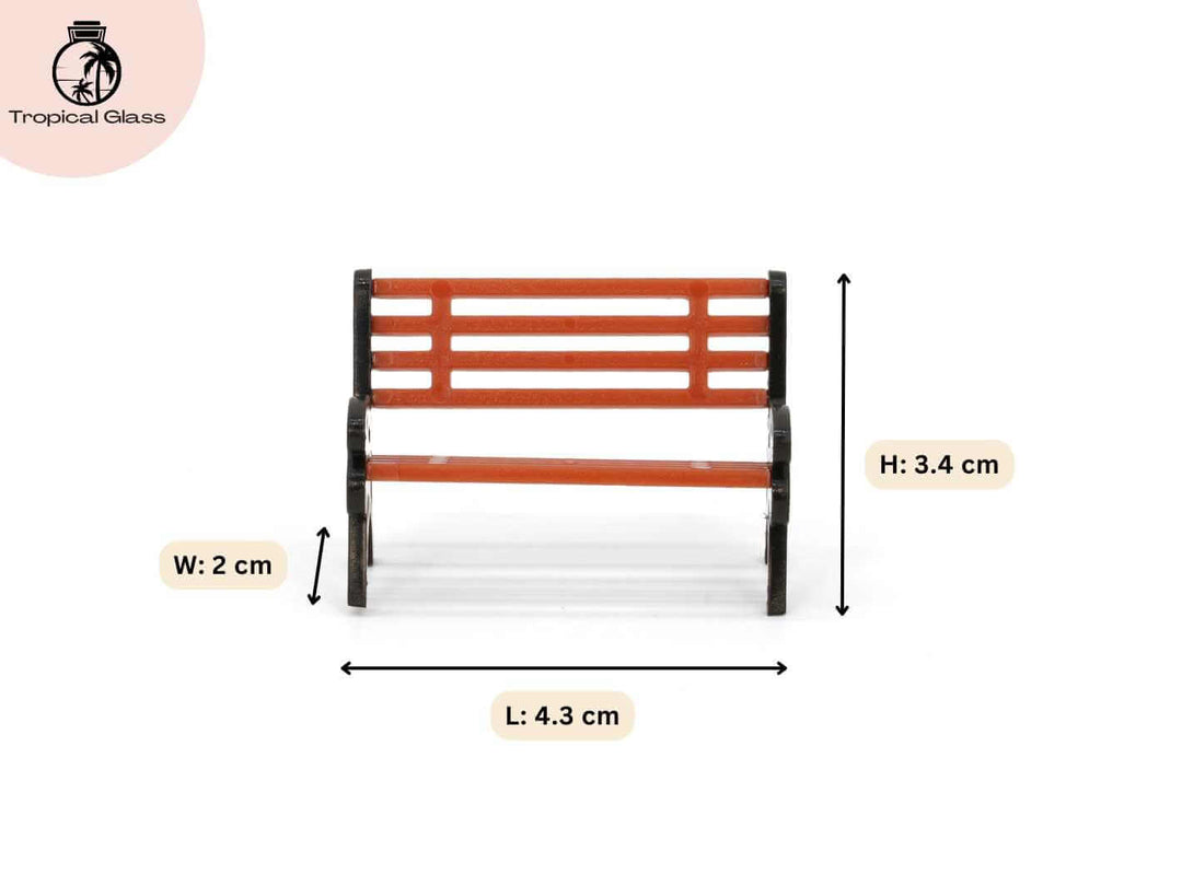 Mini park bench ornament size details, measurements for terrarium decoration and miniature garden accessories