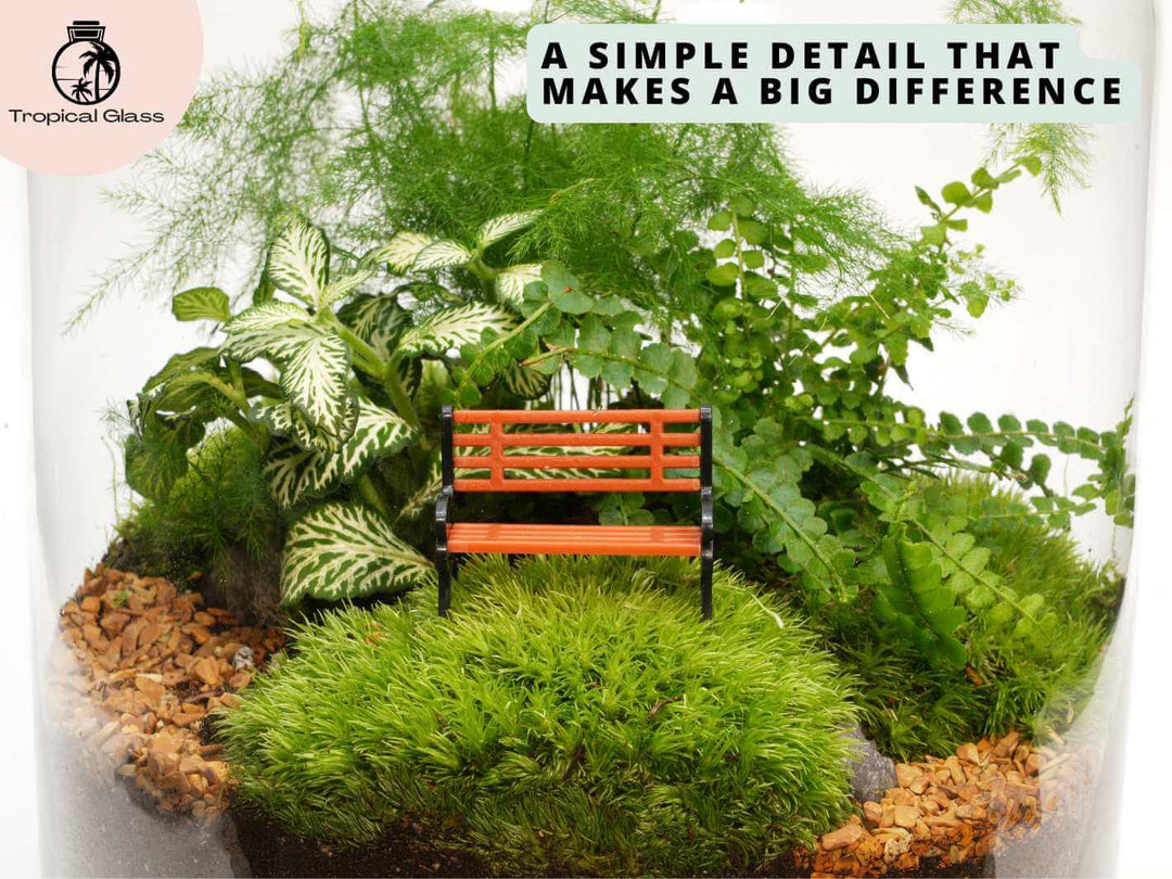 Mini park bench ornament inside terrarium with moss and plants, decorative miniature bench for indoor plant displays