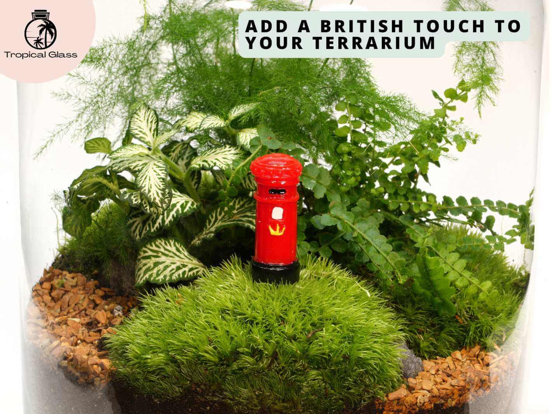 Mini red British post box figurine inside a closed terrarium with greenery and natural elements