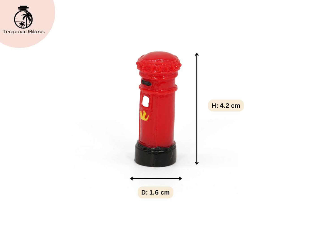 Mini red post box figurine size details, height and diameter for terrarium and miniature scenes