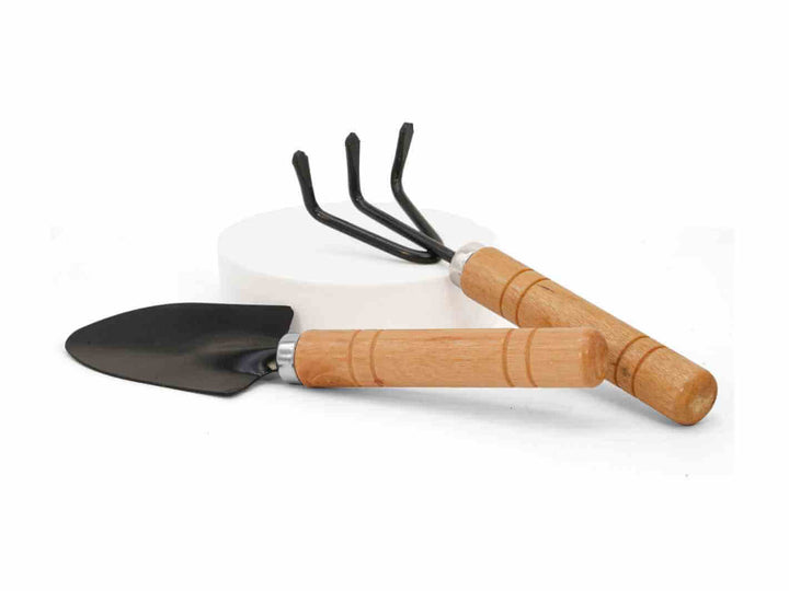 Small shovel and rake tool set for placing soil, moss and gravel neatly inside terrariums.