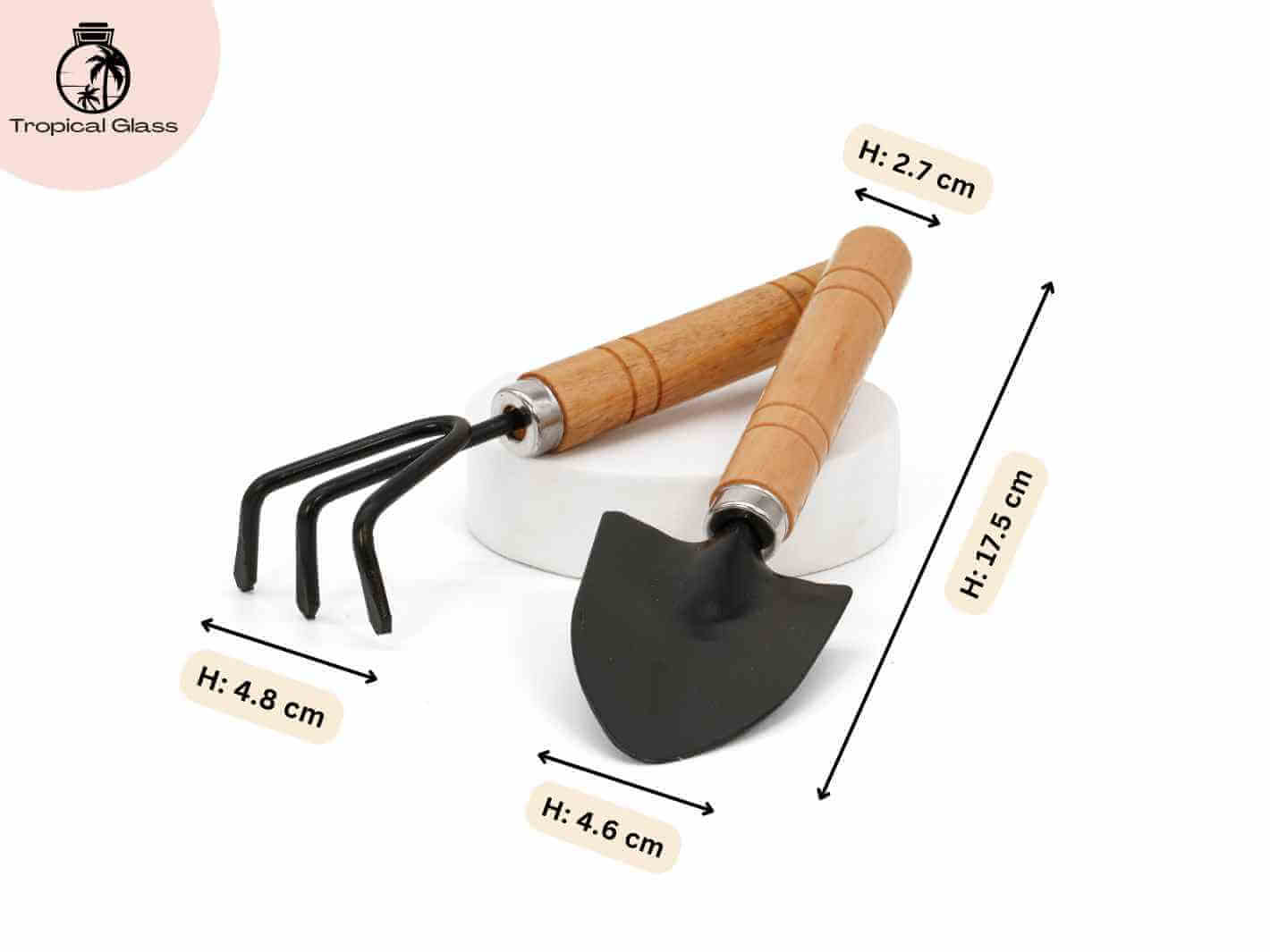 Mini terrarium shovel and rake set with measurements, designed for detailed planting in glass containers.