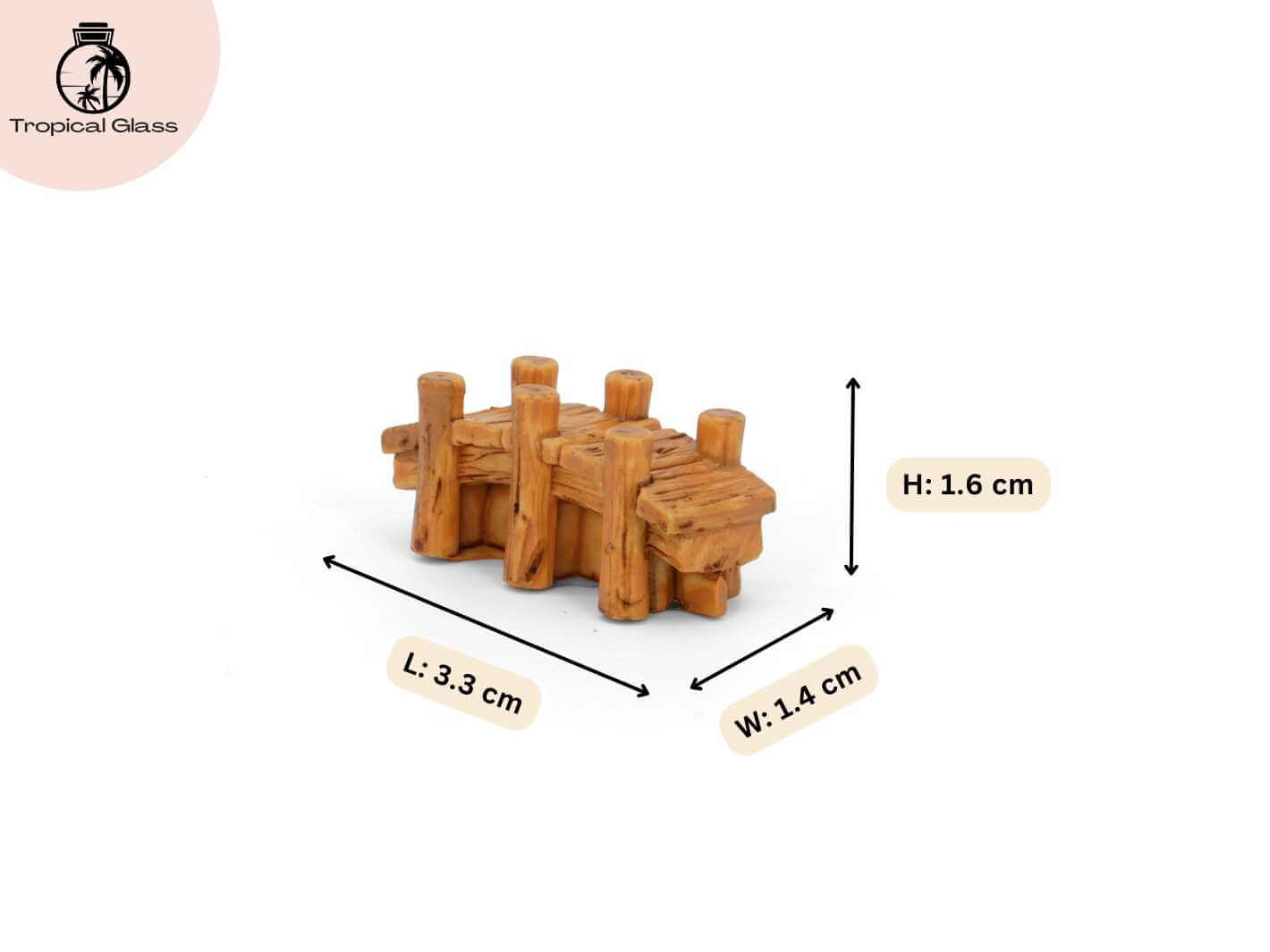 Miniature bridge figurine showing dimensions for terrariums and miniature garden displays