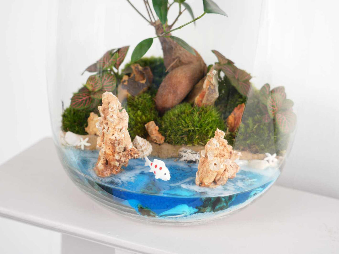 Small koi fish figurine with lifelike scales, randomly chosen design, great for Zen and Japanese-inspired terrariums.