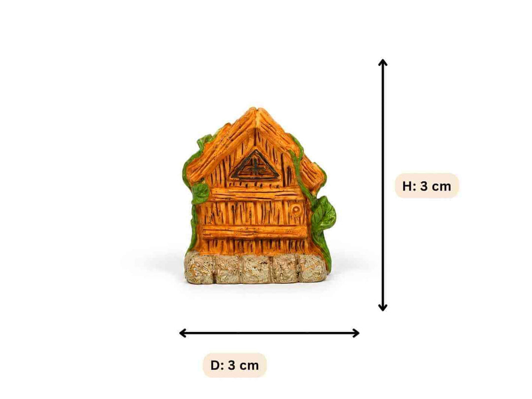 Miniature wooden fairy house decoration showing 3 cm height and width