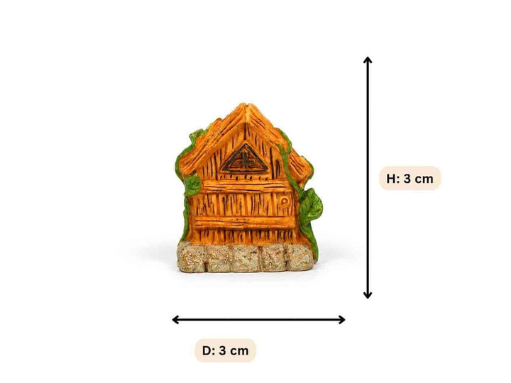 Miniature wooden fairy house decoration showing 3 cm height and width