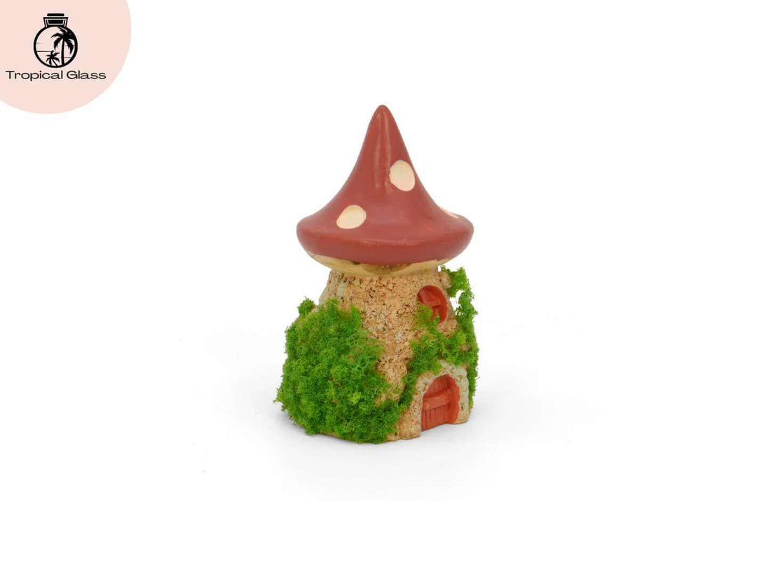 Angled perspective view of the mini mossy mushroom house figurine for miniature landscapes