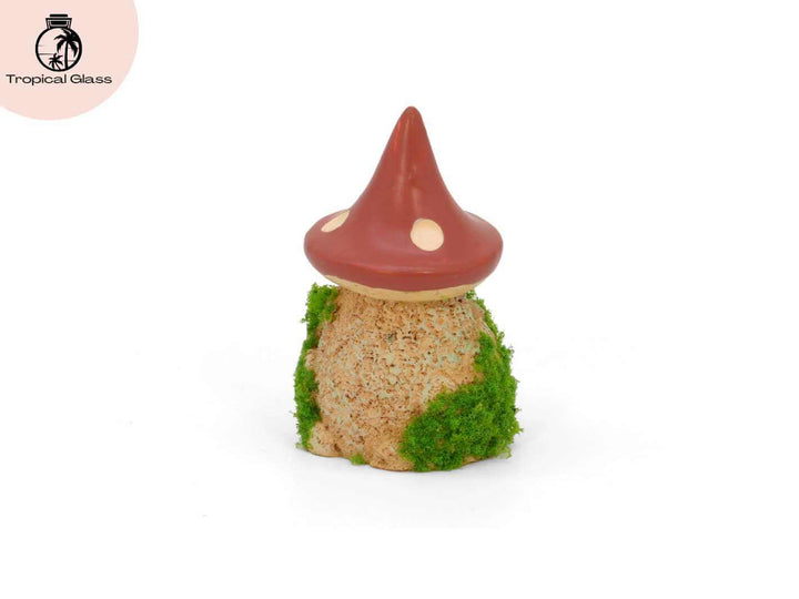 Rear view of the mini mossy mushroom house figurine showing mushroom roof and textured details