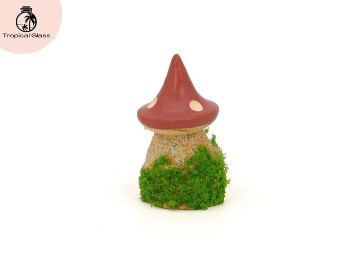 Rear view of the mini mossy mushroom house figurine showing mushroom roof and textured details