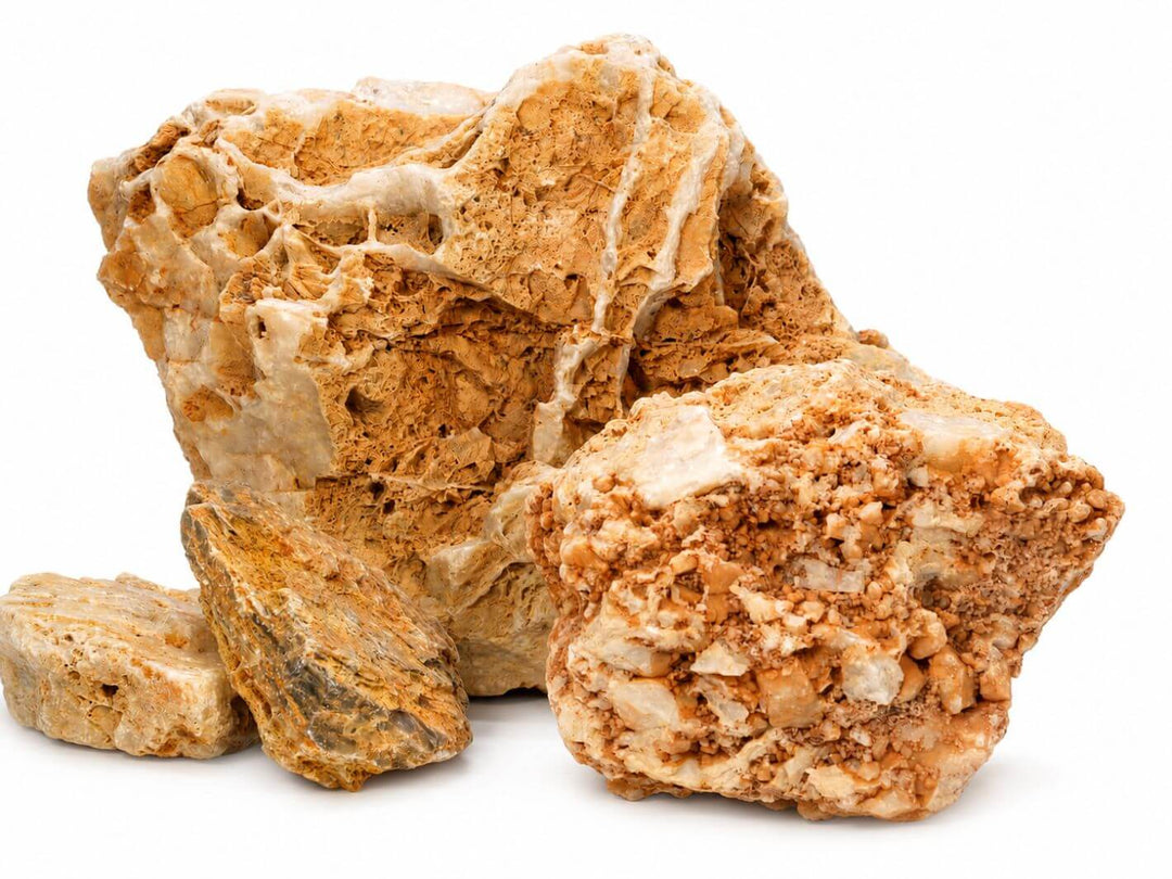 Close up of natural Spaghetti Rock showing rugged texture and pale beige colour