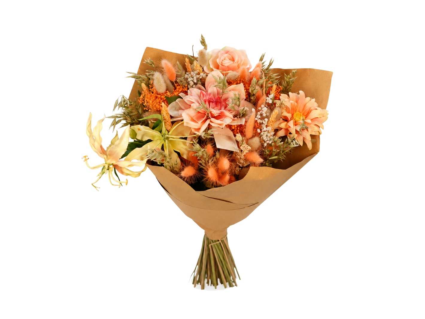 A beautiful bouquet featuring an assortment of peach-colored flowers, including roses and daisies, arranged with dried grasses and delicate textures. The bouquet is wrapped in rustic brown paper, showcasing its soft.