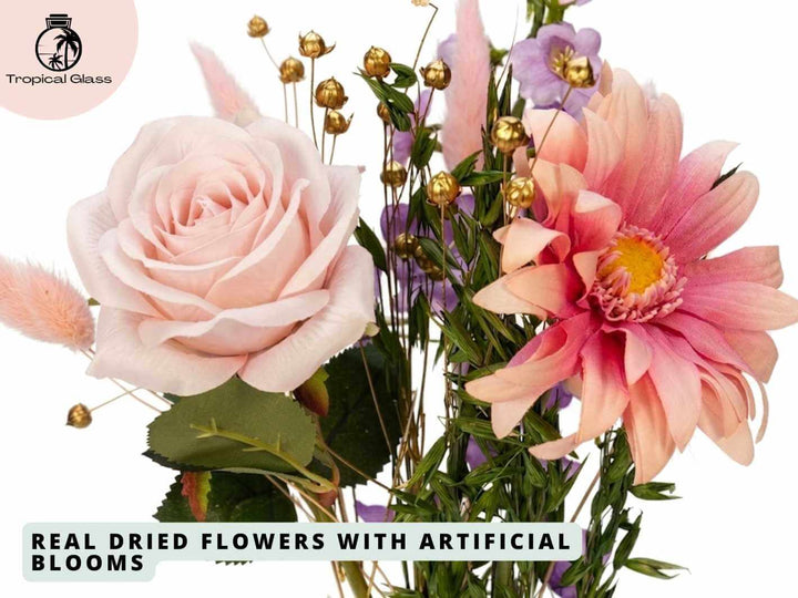 Pink dried and artificial flowers in gift box on white background, ready to gift floral arrangement