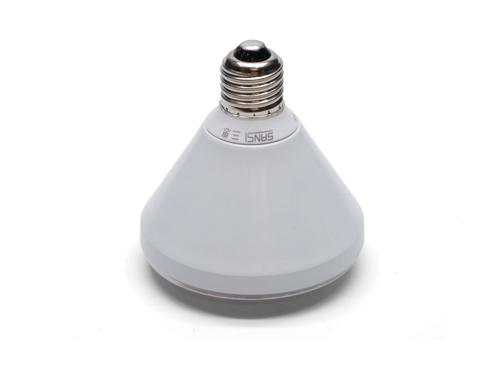A white LED grow lamp with a conical shape and an E27 base is displayed against a plain background. The lamp features a smooth, glossy surface, designed for optimal light distribution to support indoor plant growth.
