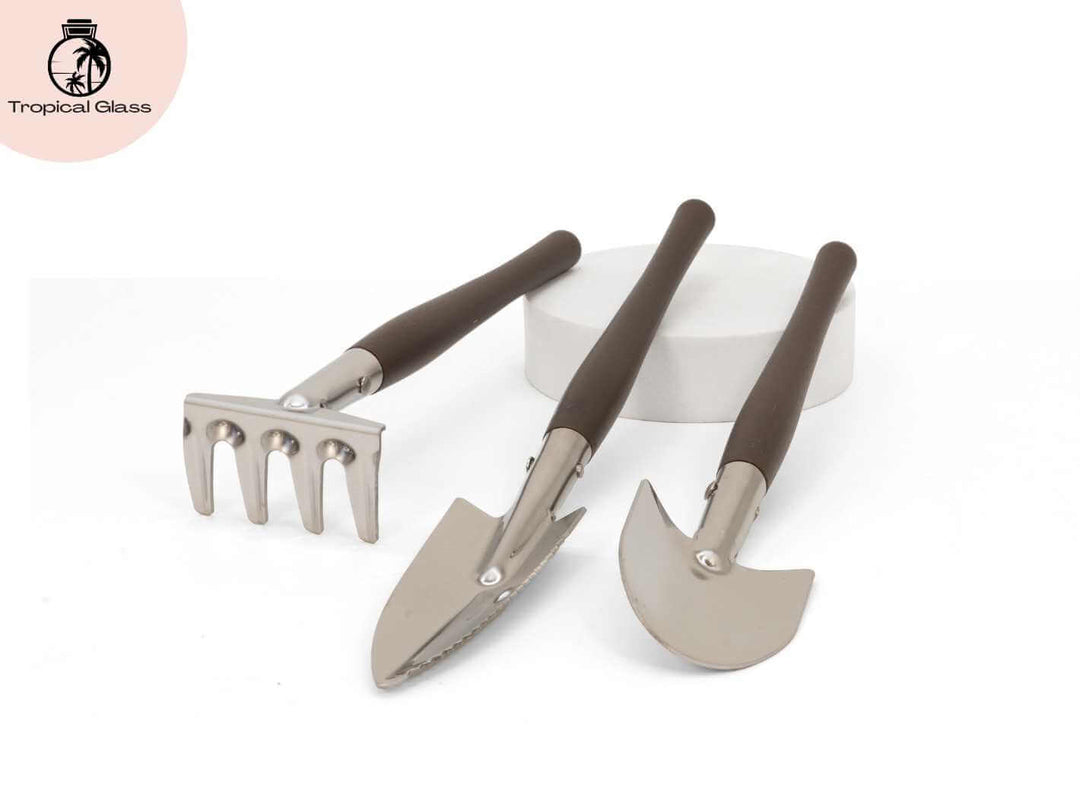 Premium stainless steel terrarium gardening tool set with wooden handles for indoor plants, terrariums and miniature gardens
