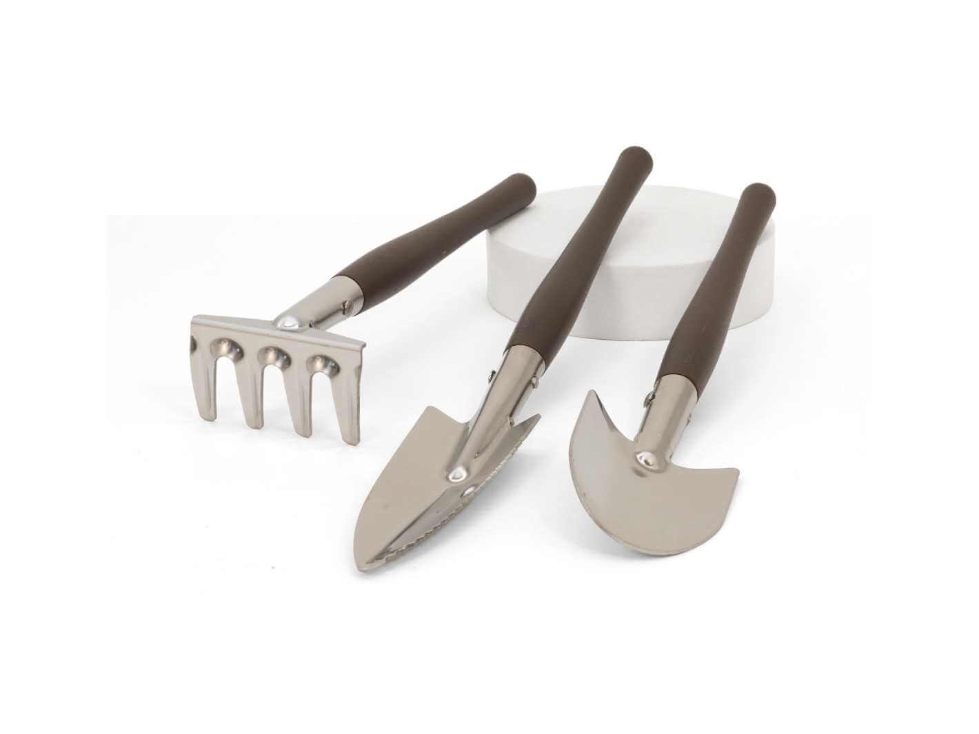 Premium terrarium tool set including rake, shovel and spade for terrariums, plant care and miniature gardening