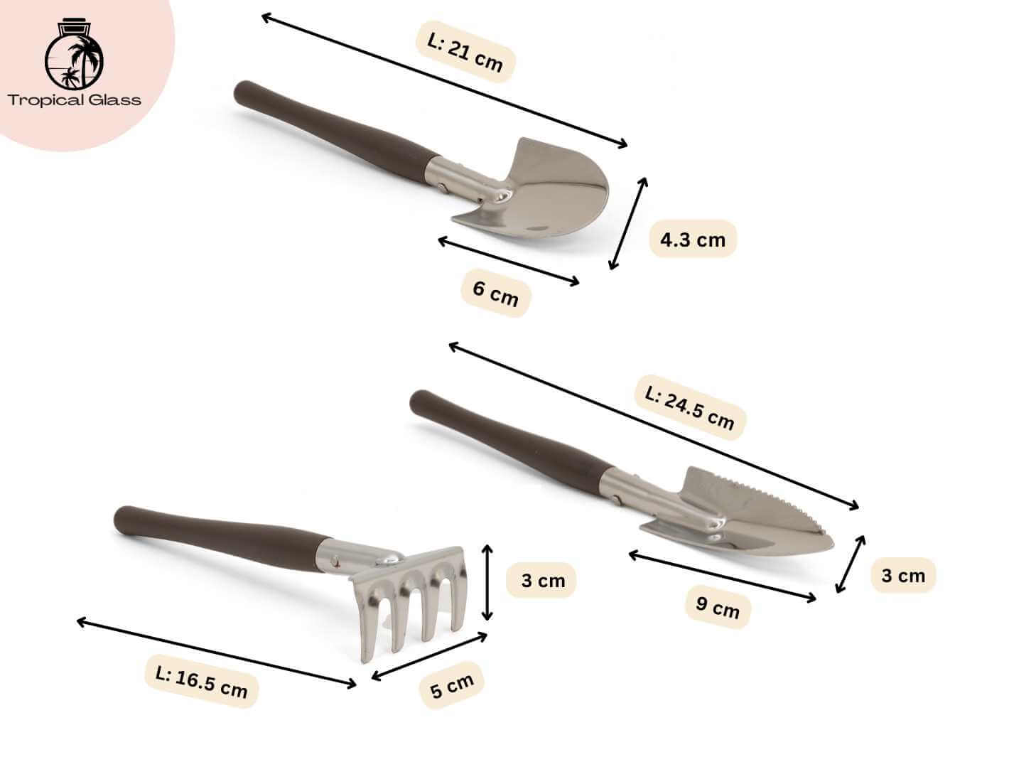 Premium terrarium tool set size guide showing measurements of rake, shovel and spade tools