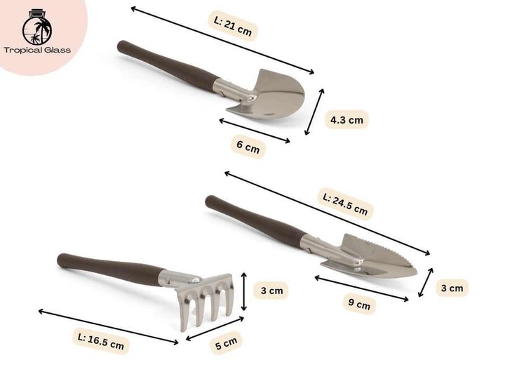 Premium terrarium tool set size guide showing measurements of rake, shovel and spade tools