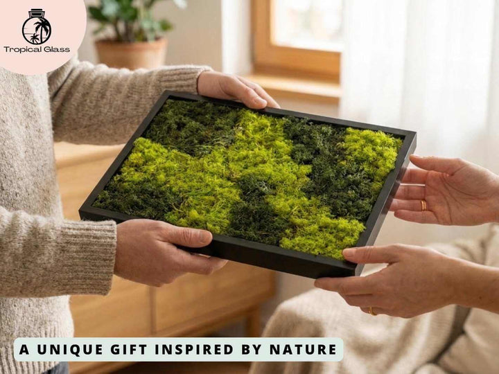 Preserved moss frame wall art being given as a thoughtful gift, ideal for plant lovers and nature inspired home decor