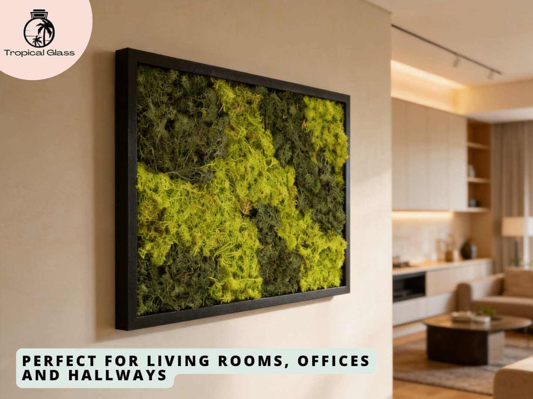 Preserved moss frame wall art displayed in a hallway, adding warmth, texture and green botanical detail to the space