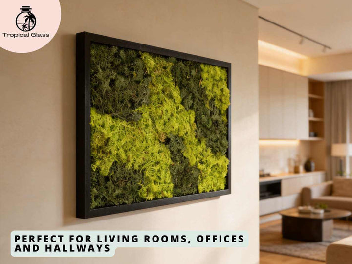 Preserved moss frame wall art displayed in a hallway, adding warmth, texture and green botanical detail to the space