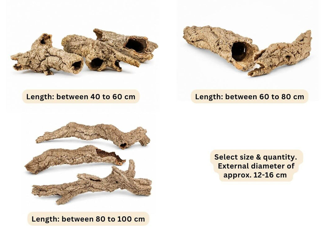 Four natural cork or wood bark pieces shown on a white background with size labels indicating lengths between 40-100 cm and a note about external diameter approximately 12-16 cm.