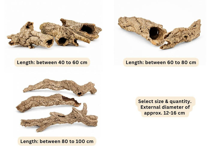 Four natural cork or wood bark pieces shown on a white background with size labels indicating lengths between 40-100 cm and a note about external diameter approximately 12-16 cm.