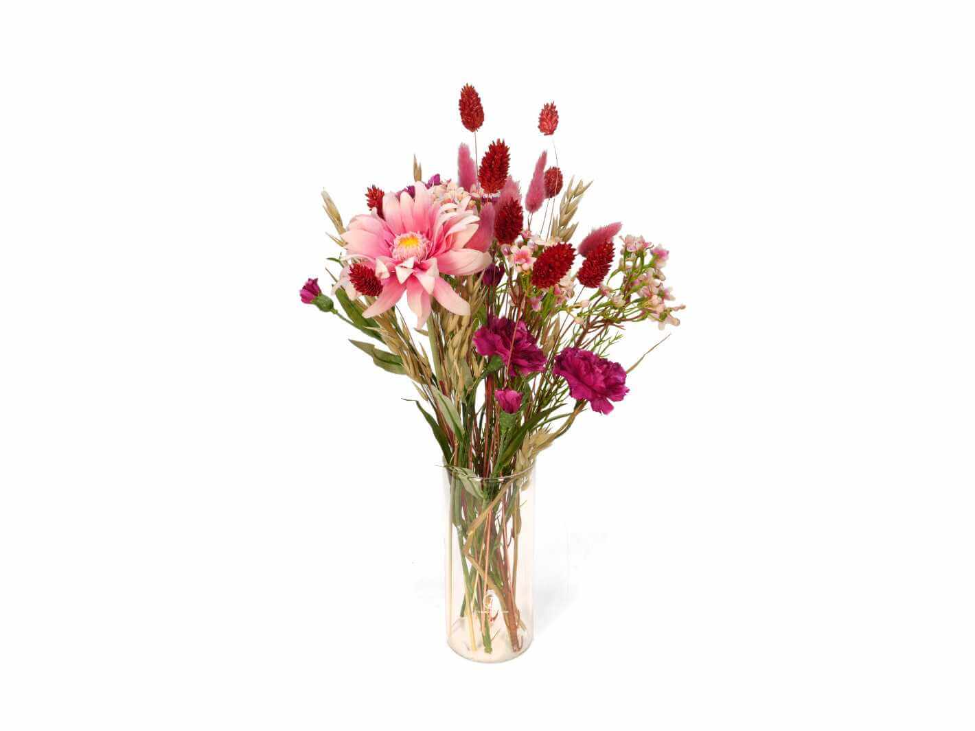 Red dried and artificial flowers in gift box, letterbox floral gift with red and pink flower stems