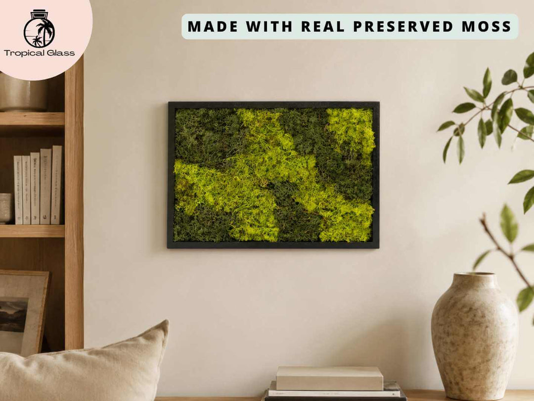 Preserved moss wall art displayed on a home wall, adding natural texture, greenery and botanical style to the room