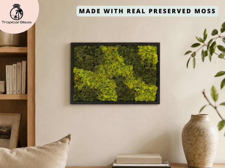 Preserved moss wall art displayed on a home wall, adding natural texture, greenery and botanical style to the room