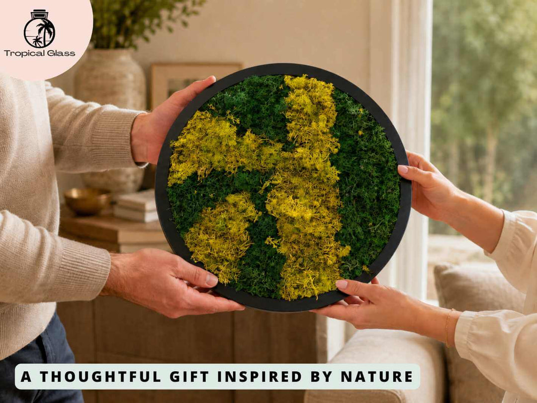 Round preserved moss wall art frame being given as a thoughtful gift, ideal for plant lovers and home decor