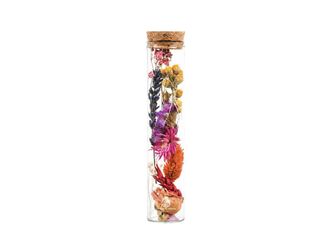 Single dried flower glass bottle with cork lid, featuring real everlasting flowers in herbarium style