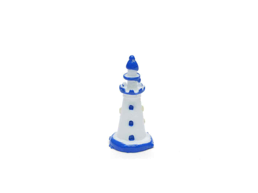 Lighthouse figurine with blue and white details, perfect for terrariums and fairy gardens, aquariums.