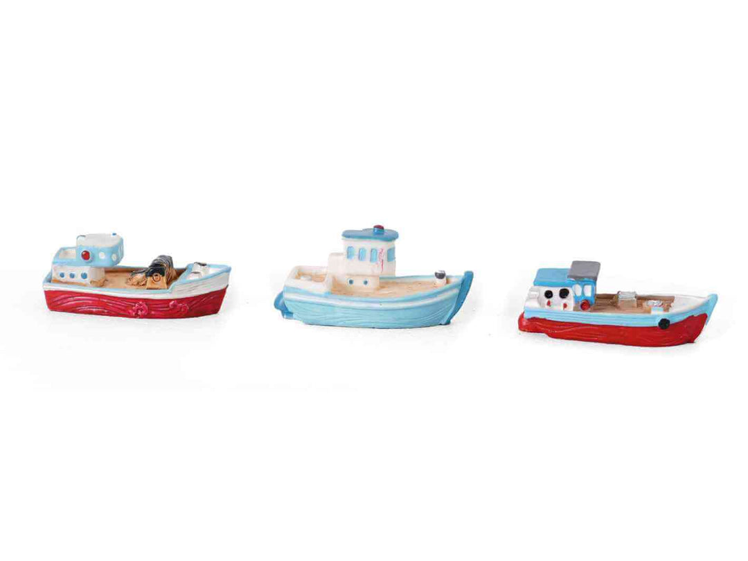 Set of three miniature fishing boats for terrariums, one random design included per order.